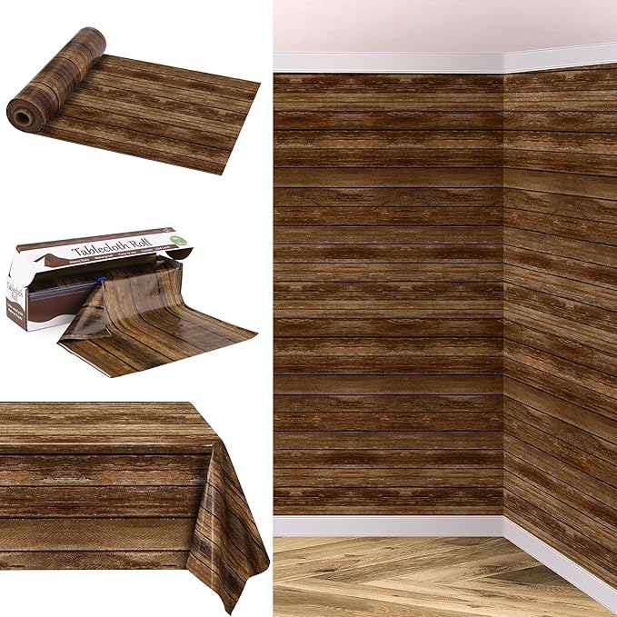 Kochorie 100 Ft x 54 Inch Wood Grain Tablecloth Roll in Slide Cutter Box Disposable Rustic Backdrop Vintage Table Cover Western Themed Bulletin Board Plastic Roll for Barn Birthday Classroom Decor