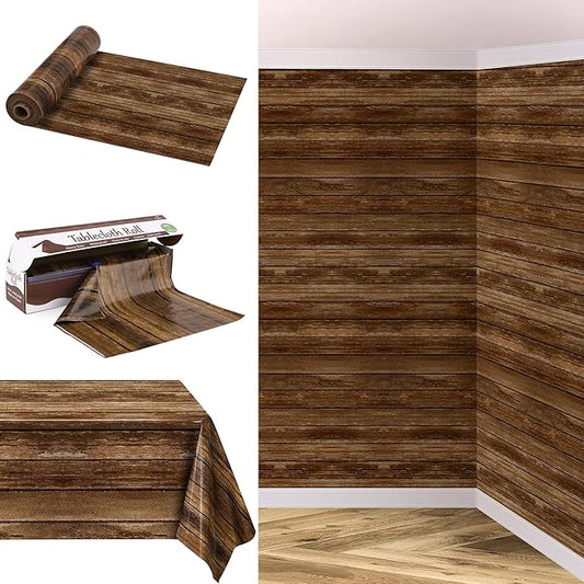 Kochorie 100 Ft x 54 Inch Wood Grain Tablecloth Roll in Slide Cutter Box Disposable Rustic Backdrop Vintage Table Cover Western Themed Bulletin Board Plastic Roll for Barn Birthday Classroom Decor