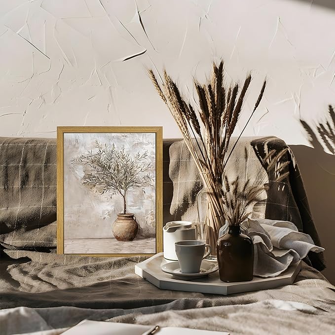 Vintage Olive Tree Canvas Wall Art, Farmhouse Aesthetic Oil Painting, Rustic Potted Plant Wall Decor, Neutral Botanical Print Artwork Picture for Living Room Kitchen Home Decor 8x10 Inch Framed