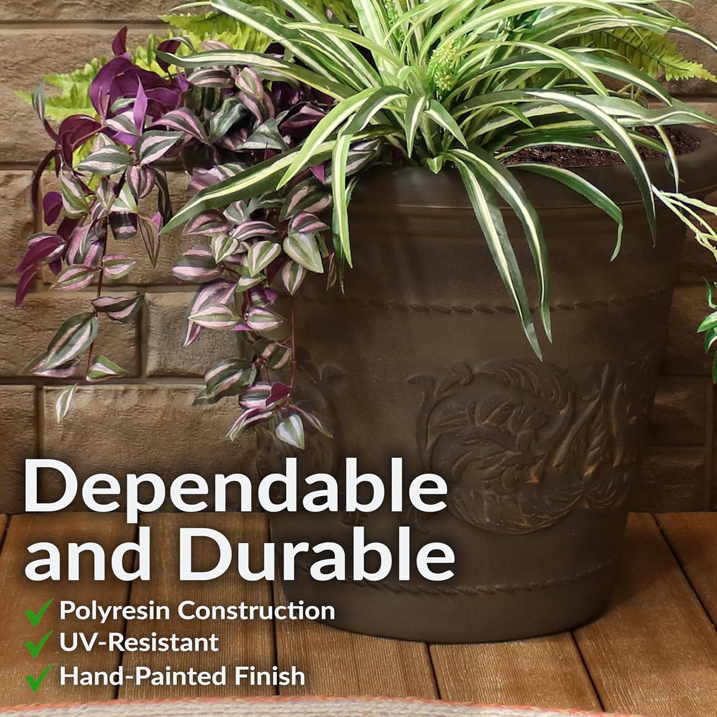 Sunnydaze 19.5-Inch Arabella Large Plant Pot - Polyresin Round Outdoor Planter with Drillable Drainage Holes - 2 Pack - Sable