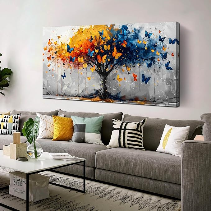 ANCXWOTER Large Tree of Life Wall Art for Living Room Bedroom Office Bathroom Butterfly Artwork Modern Canvas Prints Grey Blue and Yellow Picture Size 30x60