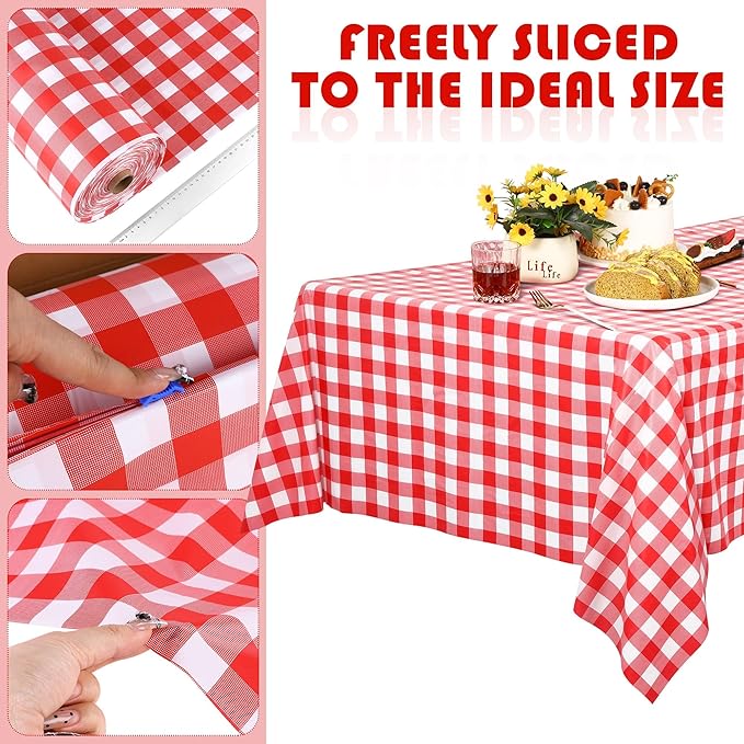 Kochorie 54 Inch x 500 Ft Red Checkered Plastic Table Cloth Roll Disposable Waterproof Table Cover Plastic Table Cover Roll with Easy Slide Cutter for Outdoor Picnic/Home Dining/Summer Party