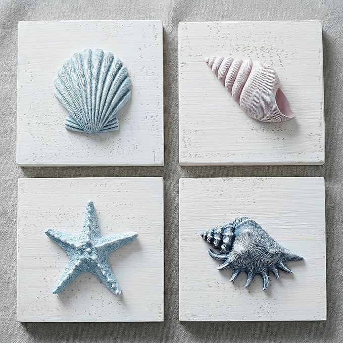 TideAndTales Beach Decor Seashell Wall Art - (Set of 4) Textured 3D Shells and Starfish Decorations for Home or Beach House, Rustic Ocean Theme Coastal Bedroom or Bathroom Wall Decor 6" x 6"