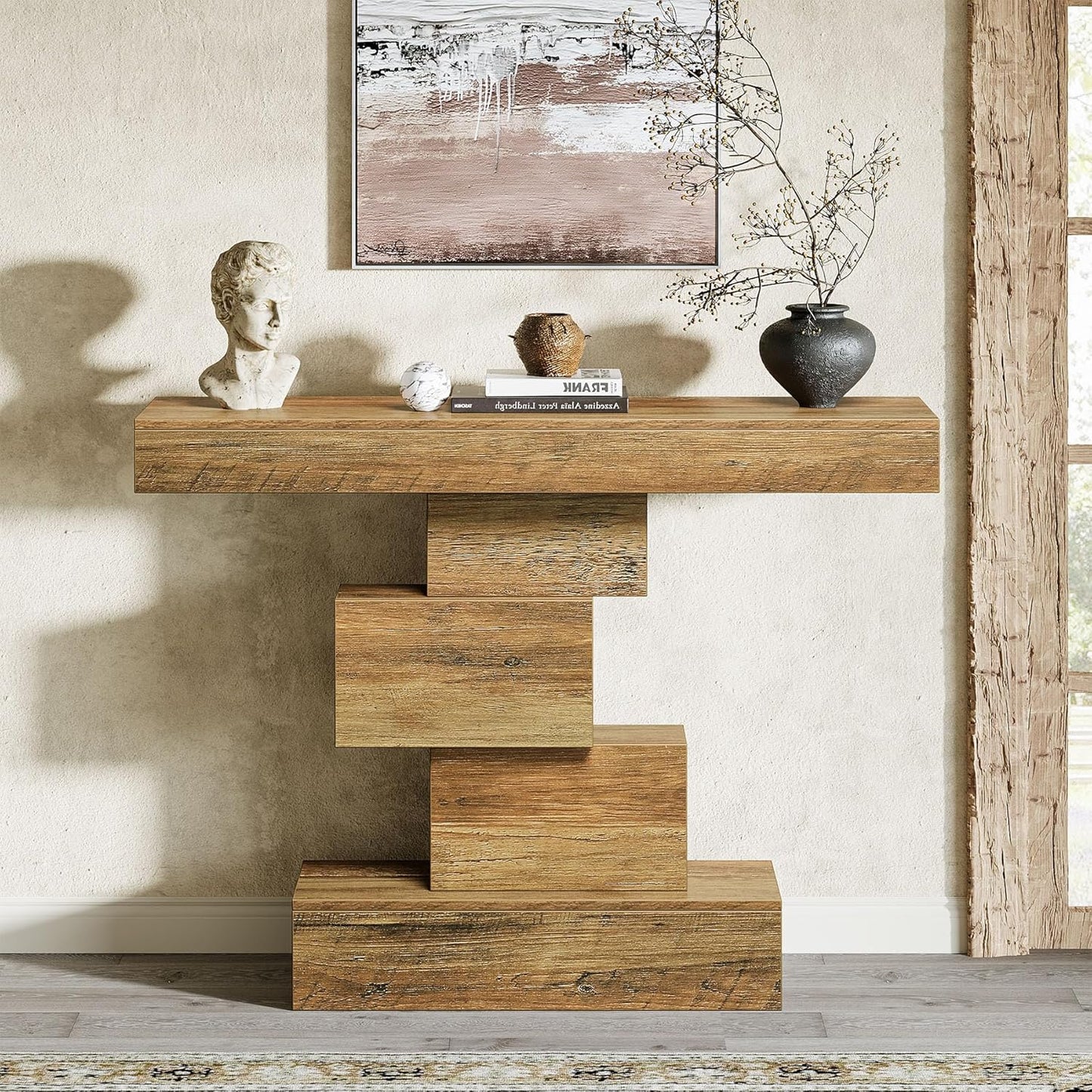 Tribesigns 42.5" Farmhouse Console Table, Narrow Wood Sofa Table Behind Couch with Geometric Base, Industrial Entryway Accent Table for Living Room, Hallway, Entrance (Light Brown)