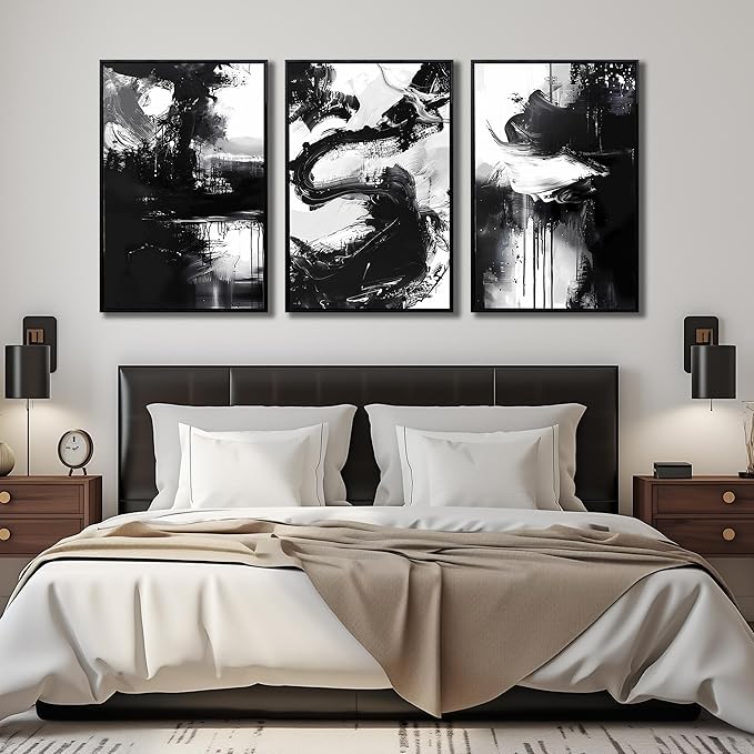 Abstract Wall Art for Living Room, Framed Canvas Wall-Decor for Bedroom, Black and White Picture Prints, Size 24 x 36 Inches 3-Pieces