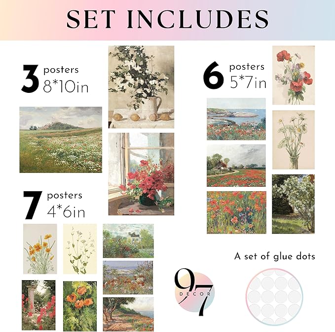 97 Decor Vintage Floral Wall Art - 16 Flower Pictures, Spring Flower Posters, Antique Floral Prints, Nature Wildflower Gallery Wall Prints (8x10 Unframed)
