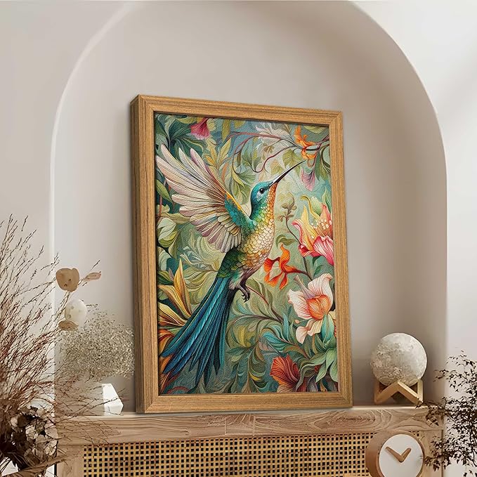 Framed Vintage 3D Textured Wall Art - Colorful Hummingbird Floral Wall Decor - Hand Painted Sandstone Nature Botanical Picture for Living Room Bedroom Home Decor 16x24 inch