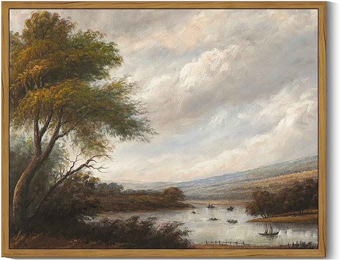 SHENIFY Vintage Landscape Framed Wall Art Riverside Scenery Farmhouse Decor Retro Boat Travel Painting for Kitchen Living Room Bedroom Bathroom - 11x14in Natural Framed