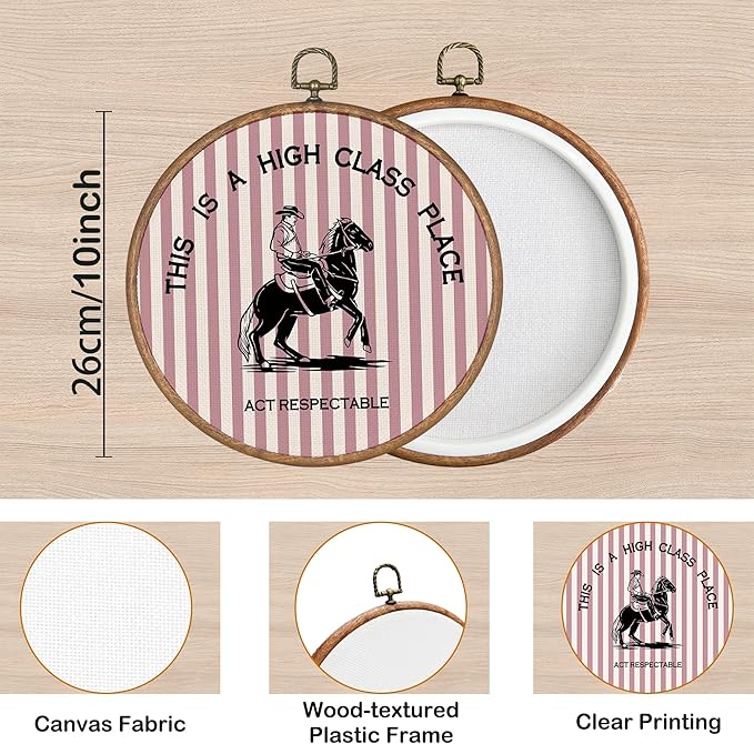 KSDUT Western Cowboy Wall Art Decor - Pink Stripe Preppy Trendy Southwestern Wall Art Canvas Frame Hanging Prints, Foyer Entryway Modern Round Wall Decor for Home Dorm Decorations 10"x10"