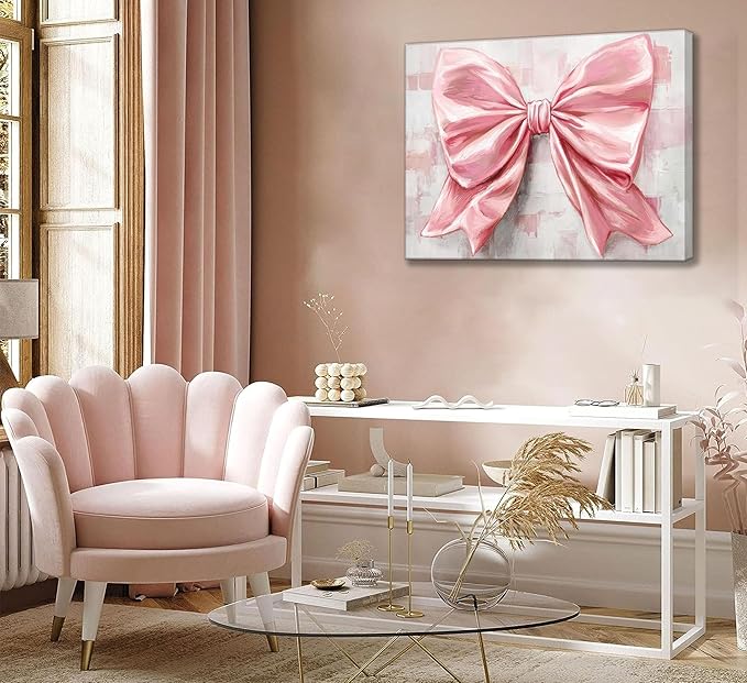 Pink Bow Canvas Wall Art Trendy Cute Preppy Watercolor Bow Painting Pictures Wall Decor Posters Prints Girly Aesthetic for College Apartment Bedroom Decoration