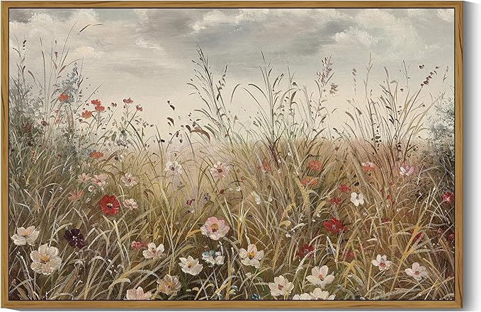 SHENIFY Vintage Landscape Framed Wall Art Meadow with Flowers Farmhouse Decor Retro Wildflower Field Scenery Painting for Hallway Living Room Bedroom Dining Room - 16x24in Natural Framed