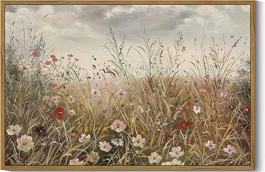 SHENIFY Vintage Landscape Framed Wall Art Meadow with Flowers Farmhouse Decor Retro Wildflower Field Scenery Painting for Hallway Living Room Bedroom Dining Room - 16x24in Natural Framed