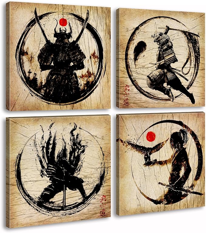 Japanese Decor Wall Art Retro Japanese Armored Samurai Painting Anime Posters Canvas Pictures Office Vintage Black Asian Modern Living Room Bedroom Artwork Framed Ready to Hang 12"X12"X4 Panels