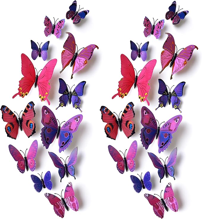 24pcs 3D Vivid Special Man-Made Lively Butterfly Wall Stickers Removable Butterflies Wall Decals 3D Nursery Art Decor for Kids Girls Bedroom Living Room Classroom Party Decoration Purple