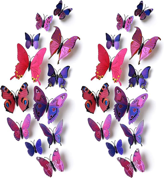 24pcs 3D Vivid Special Man-Made Lively Butterfly Wall Stickers Removable Butterflies Wall Decals 3D Nursery Art Decor for Kids Girls Bedroom Living Room Classroom Party Decoration Purple