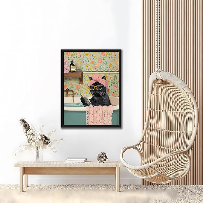 Floating Framed Bathroom Cat Canvas Wall Art, Funny Black Cat Reading Wall Decor, Cute Animal Prints Pictures Posters for Living Room Bedroom Toilet Kids Room Paintings 16x24 inch