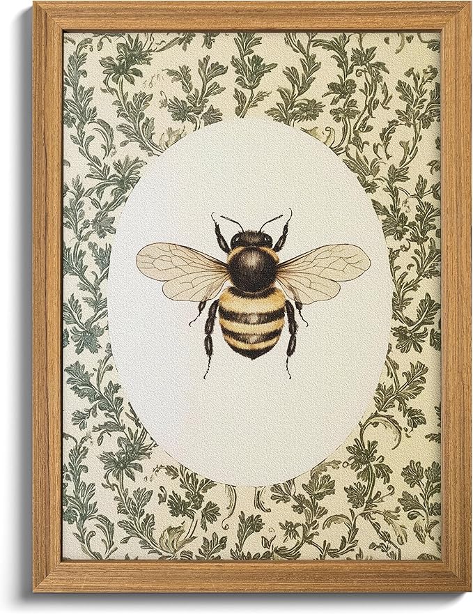 3D Textured Vintage Bee Framed Wall Art, Cottagecore Insect Animal Wall Decor Painting, Rustic Farmhouse Sandstone Botanical Artwork Pictures for Living Room Bedroom 16x24 Inch