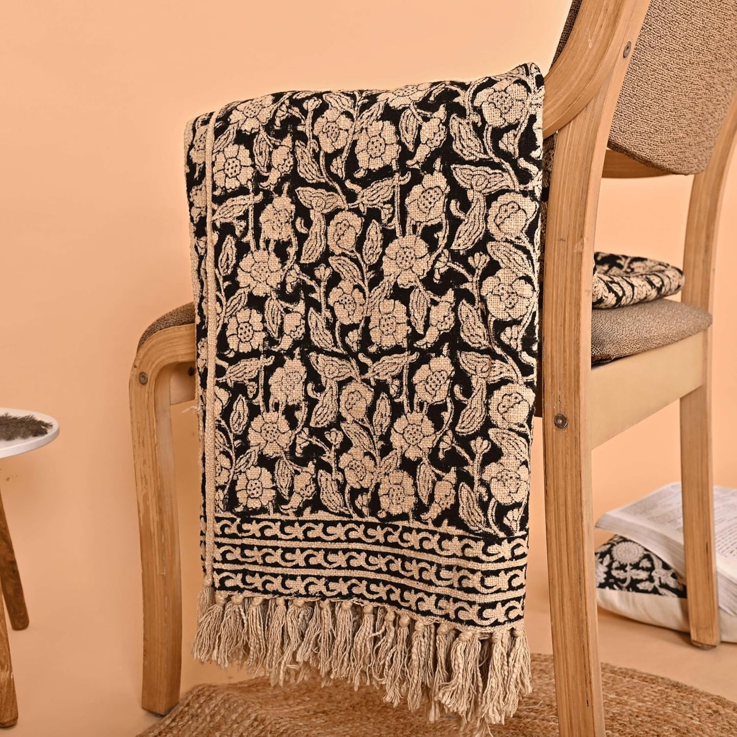 Handmade Cotton Throw Blanket 55x80 Inches | Black & Beige Floral Block Print Decorative Sofa Throw with Tassels | Large Lightweight Cotton Bedspread for Living Room, Couch, or Bedroom