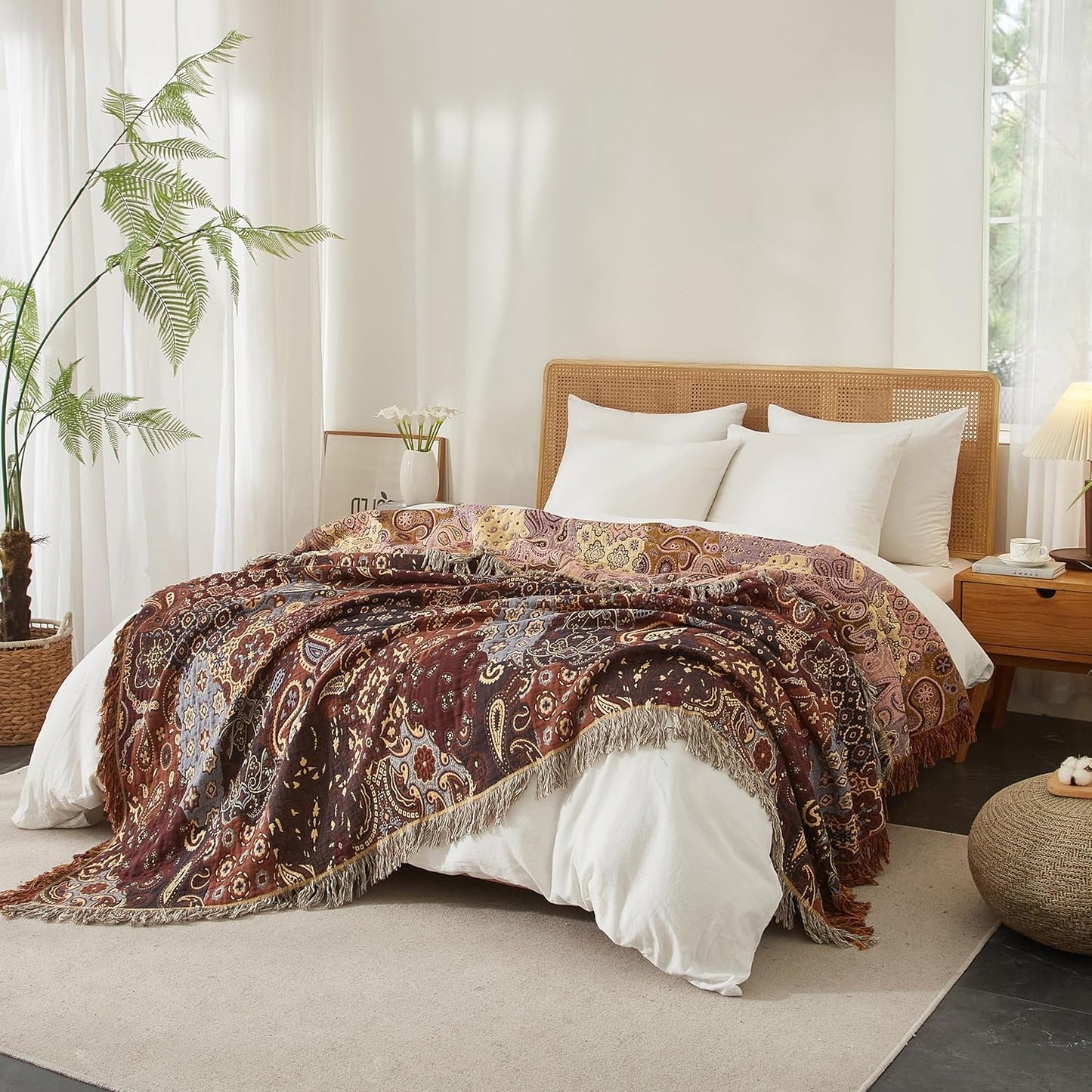 Boho Throw Blanket for Bed 80”x90”, 100% Cotton Woven Blanket for Couch Sofa, Ultra Soft 4-Layer Muslin Quilt with Patchwork Floral Printed, Farmhouse Bed Blanket/Cover for Living Room Decor