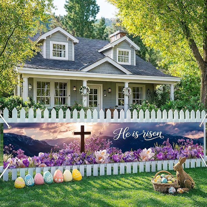 He Is Risen Easter Banner Resurrection Cross Spring Christian Faith Decor 118×20 inch Religious Easter Banner for Church Yard Fence Wall Door Indoor Outdoor Display
