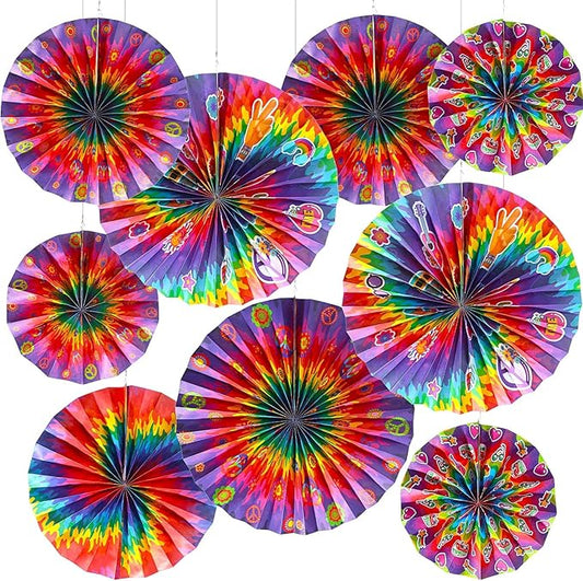 Outus Tie Dye Party Supplies Groovy Hippie Hanging Paper Fans Classroom Decoration 60s Party Ceiling Wall Decor Fans Peace and Love Sign for Carnival Hippie Groovy Theme Birthday Ceiling(18 Pcs)