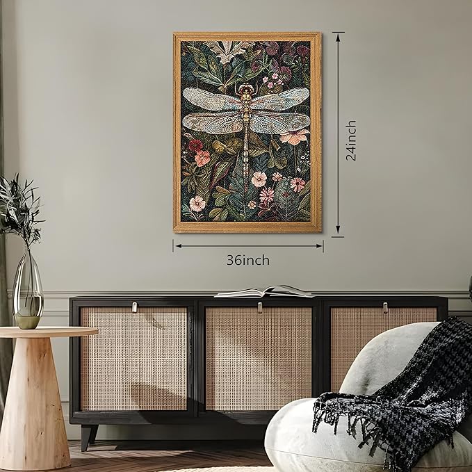 Framed Vintage 3D Textured Wall Art - Dark Green Dragonfly Flowers Wall Decor - Hand Drawn Sandstone Nature Botanical Pictures for Living Room Bedroom Home Decor 24x36in