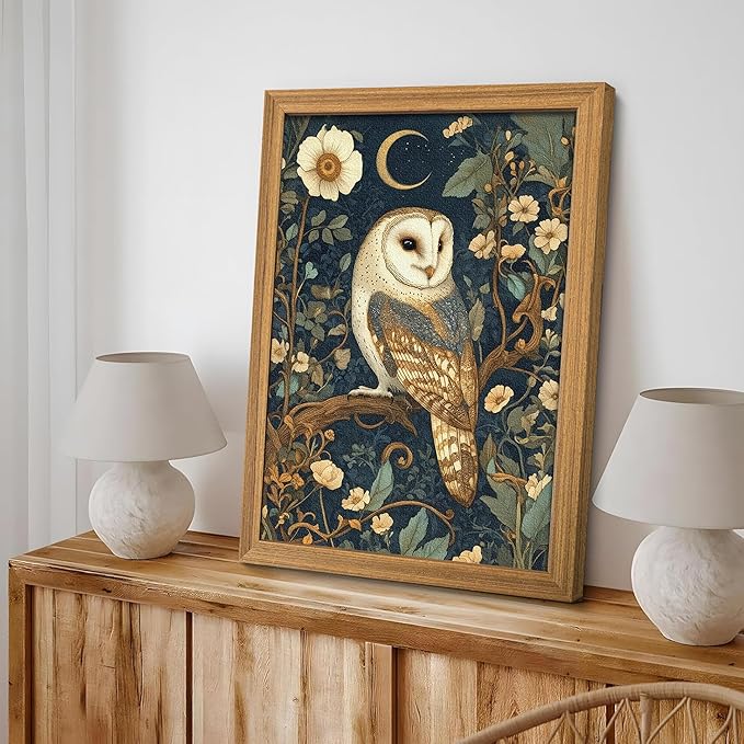 Framed William Morris Wall Art, 3D Textured Cottagecore Vintage Barn Owl Wall Decor, Hand Drawn Sandstone Botanical Art, Dark Academia Flowers Artwork for Bedroom, Farmhouse Home Decor 12x16 inch
