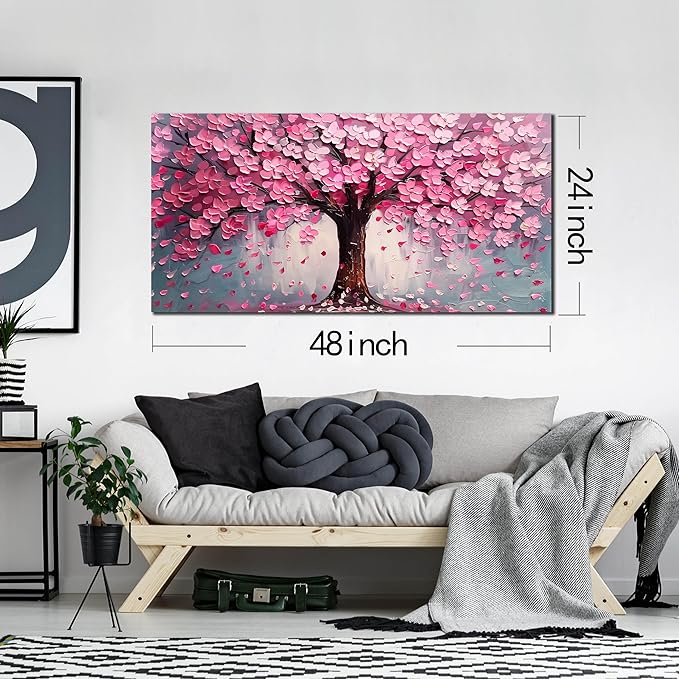Pink Wall Art Large Tree of Life Wall Art for Living Room Bedroom Office Bathroom Modern Framed Canvas Prints Pink and Grey Picture Size 24x48