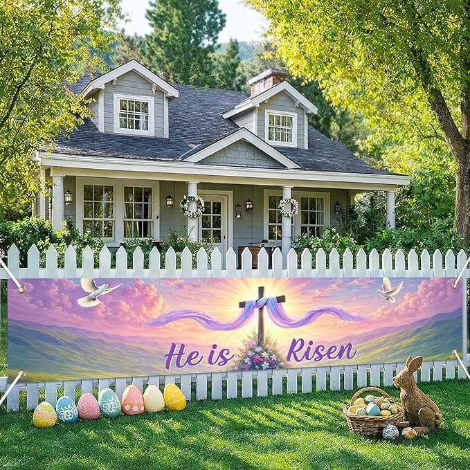 He Is Risen Easter Banner Christian Resurrection Spring Decor 118×20 inch Religious Cross Sunrise Scene Banner for Church Yard Fence Door Wall Indoor Outdoor Easter Display