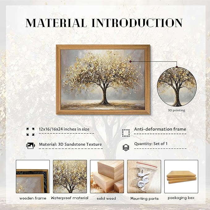 3D Textured Tree of Life Wall Art, Abstract Gold Tree Botanical Wall Decor, Modern Nature Landscape Sandstone Painting for living room Bedroom Bathroom Office 16x24 Inch Framed