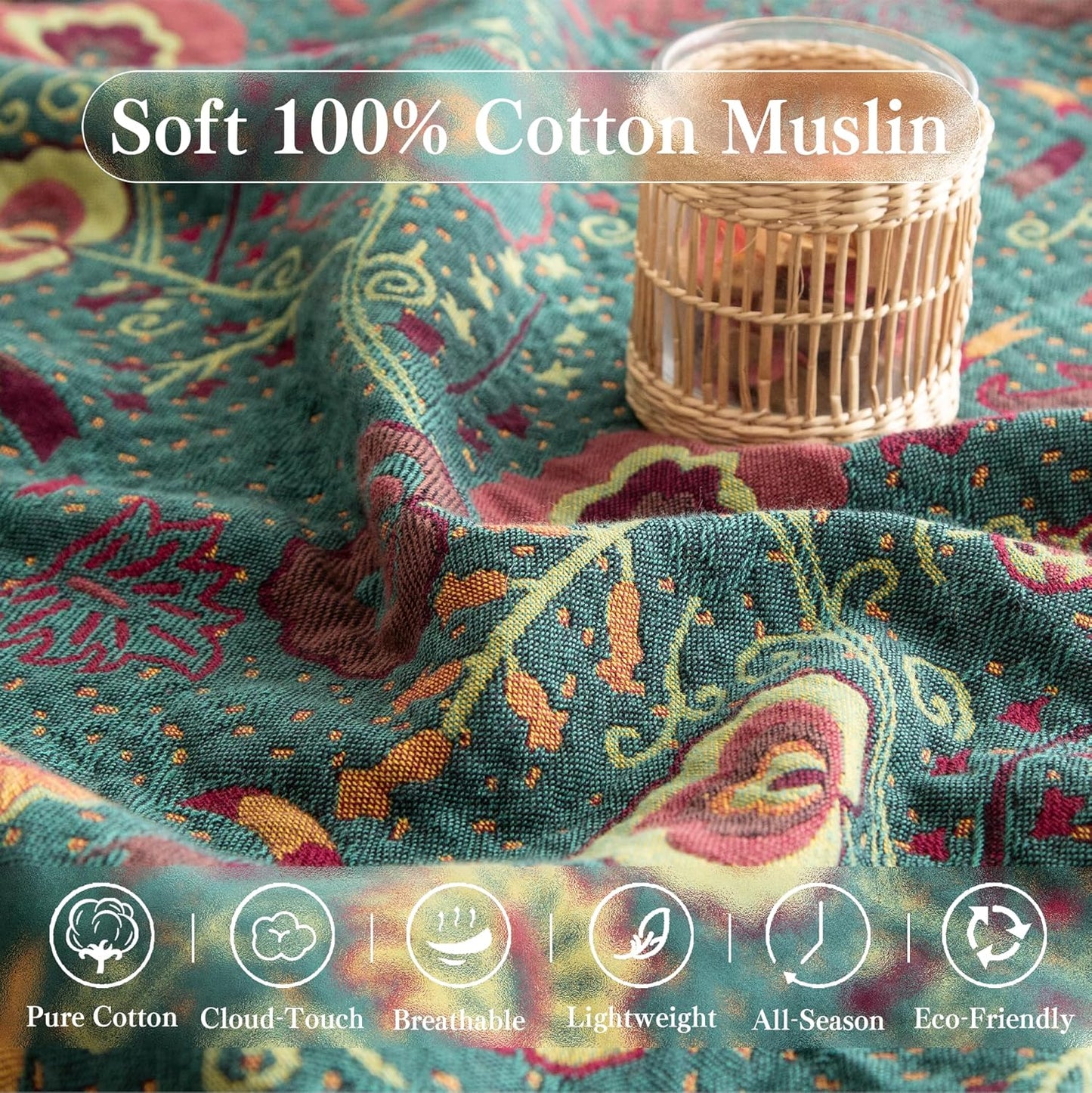 Boho Throw Blanket Full Size, Extra Large Soft Cozy Cotton Muslin Quilt Blanket for Bed Decor, Floral Patterned Couch Sofa Chair Cover, Vintage Farmhouse Cottage Woven Blanket, Green&Orange