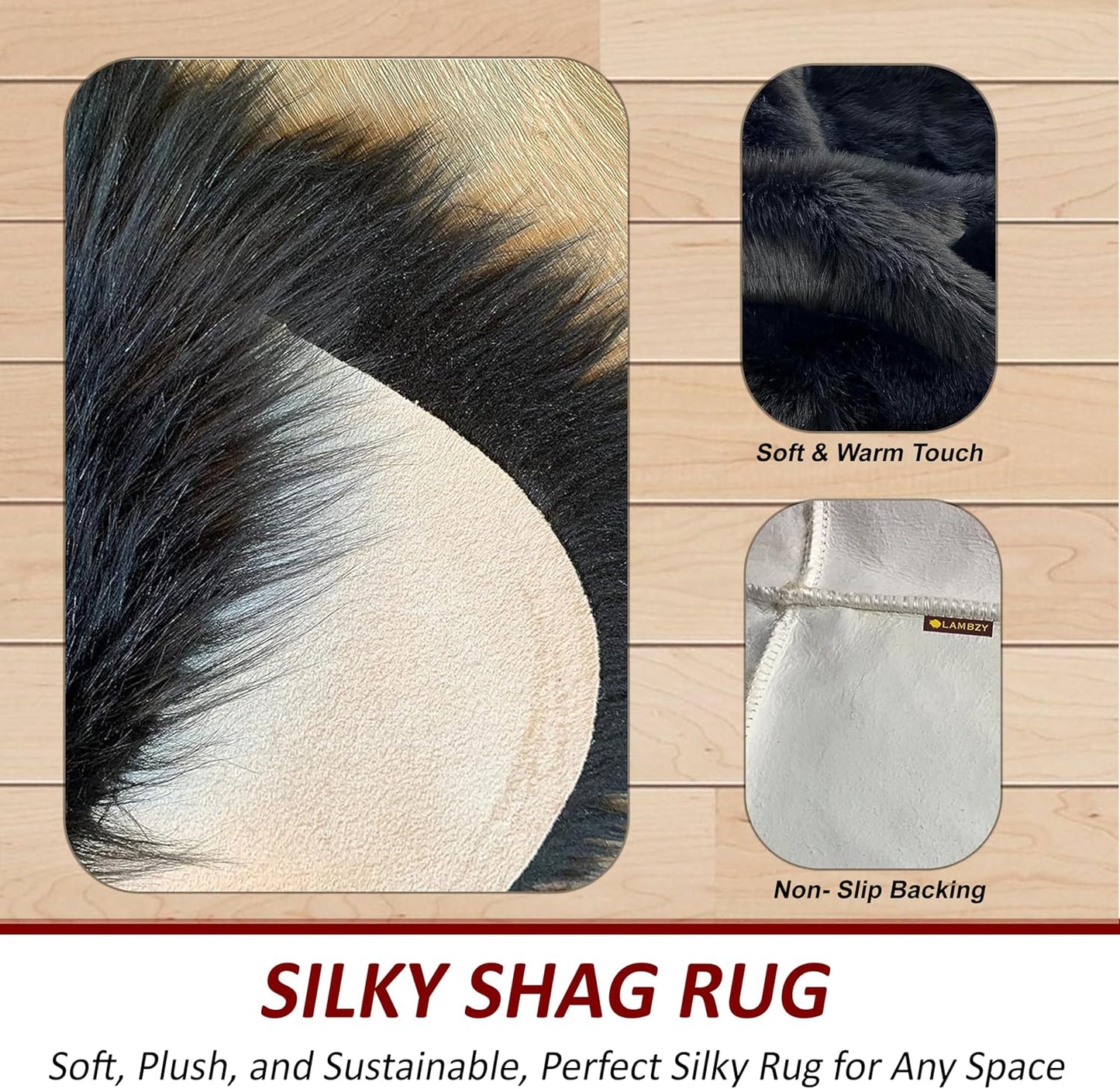 LAMBZY Faux Sheepskin Hypoallergenic Free Shape Silky Shag Rug, Luxury Shaggy Plush Carpet for Bedrooms Rugs Living Room Kids Rooms Sofa Floor Rugs (Single and a Half 2'x4', 60x120 cm Black)