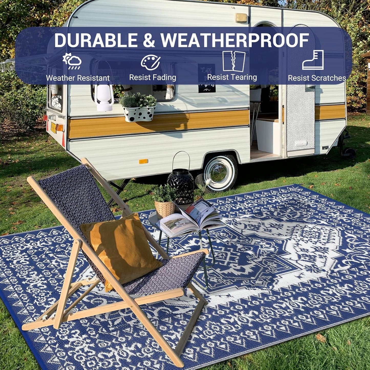 GAOMON Large Outdoor Plastic Straw Rug 10x14 Waterproof Patio Rug Reversible Foldable Portale Camping Mat with Stakes & Bag, Vintage Boho Outside Carpet for RV Garden Deck Porch, Navy