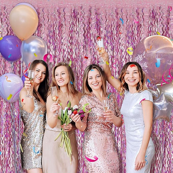 Pink Streamers Fringe Backdrop Tinsel Foil Fringe Curtains Wavy Backdrop for Party Sparkle Metallic Pink Curtain Photo Booth Props for Birthday Wedding Valentines Day Bachelorette Decorations