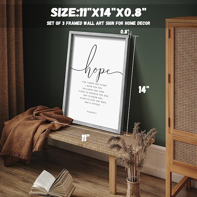 Houmury Set of 3 Framed Farmhouse Bible Verses Wall Decor Sign 11”x14” Christian Faith Scripture Wall Art for Home Living Room Bedroom Wall Decor (11"x14" Grey)