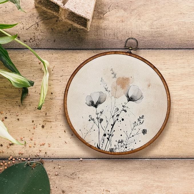 KSDUT Vintage Boho Mid Century Flower Floral Wall Decor Art - Botanical Neutral Wall Art Canvas Frame Hanging Prints, Retro Landscape Wildflower Round Wall Art Decor for Home Decorations 10"x10"