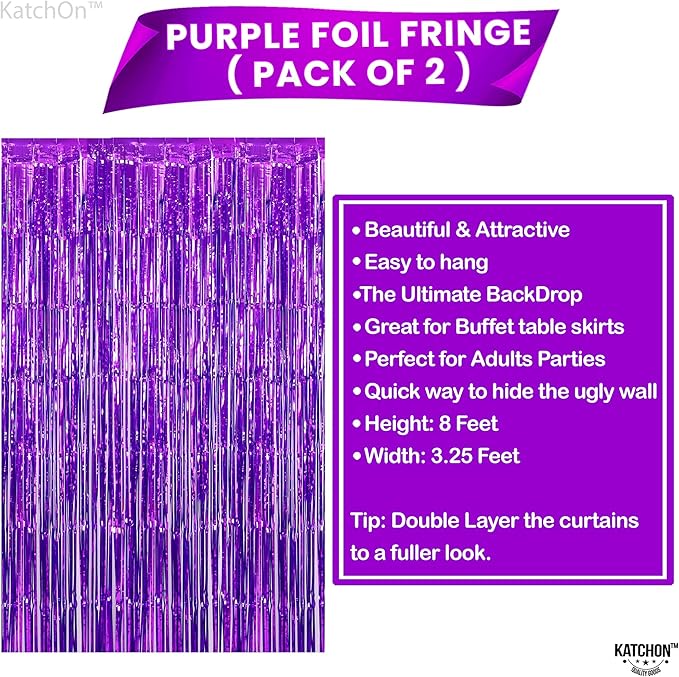 KatchOn, Metallic Purple Foil Fringe Curtain 3.2x8 Ft, Pack of 2 | Streamer Backdrops for Purple Birthday Decorations, Ramadan Decorations for Home | Backdrops for Graduation Decoration 2026
