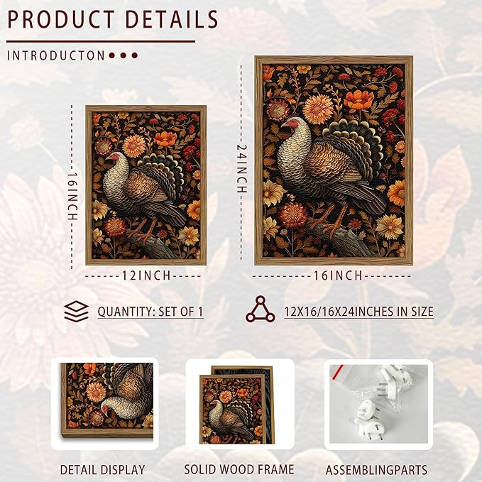 Framed Vintage Turkey 3D Textures Wall Art – Fall Floral Thanksgiving Wall Decor, Rustic Autumn Harvest Bird Artwork Painting for Living Room Kitchen Dining Room – 12x16in