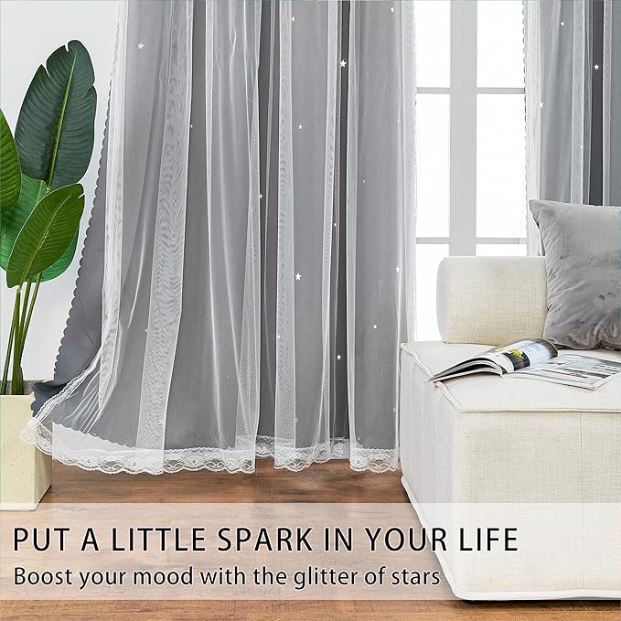 XiDi Star Curtains for Bedroom, Girls & Kids Room Decor, Unicorn & Blackout Curtains 84" Long 2 Panel Grey