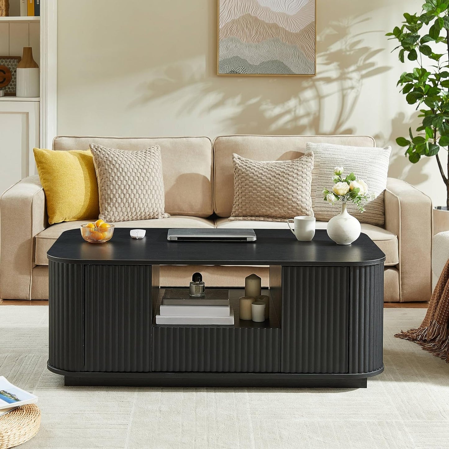 46.5" Oval Coffee Table with Drawers and Storage Mid Century Modern Fluted Solid Wood Side Coffee Tables, Luxury Tea Table Center Table for Living Rooms Offices Apartmen, Black