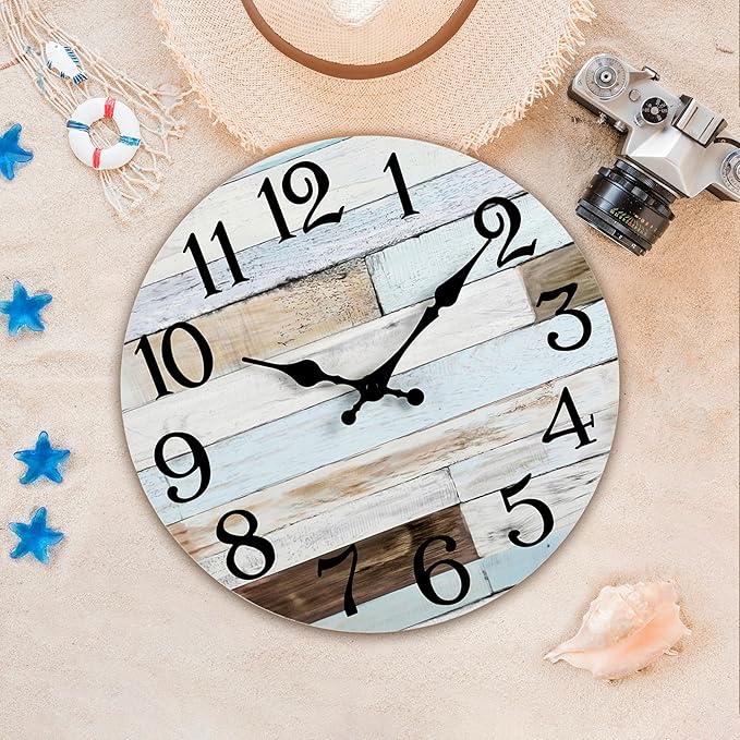 Wall Clock Battery Operated 10 Inch Silent Non-Ticking Coastal Country Style Decorative for Living Room, Kitchen, Home,Bathroom, Bedroom, Laundry Room