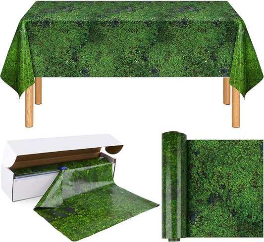 Kochorie 100 Ft x 54 Inch Green Moss Tablecloth Roll with Slide Cutter Box Disposable Green Grass Plastic Tablecovers Cut to Size Tablecloth Jumbo Jungle Backdrop for Birthday Picnic Baby Shower