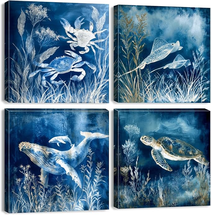 Sea Turtle Wall Art Ocean Wall Decor Navy Blue Coastal Living Room Sea Life Animals Canvas Pictures Whale Turtle Crab Posters Nautical Posters Artwork for Living Room Beach Home Decorations 20x20”