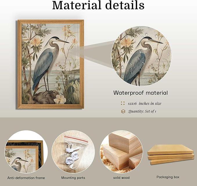 Framed William Morris Heron Wall Art, Vintage 3D Textured Botanical Wall Decor, Hand Drawn Sandstone Wildlife Picture Artwork, Modern Farmhouse Decor for Bedroom Living Room 12x16 inch