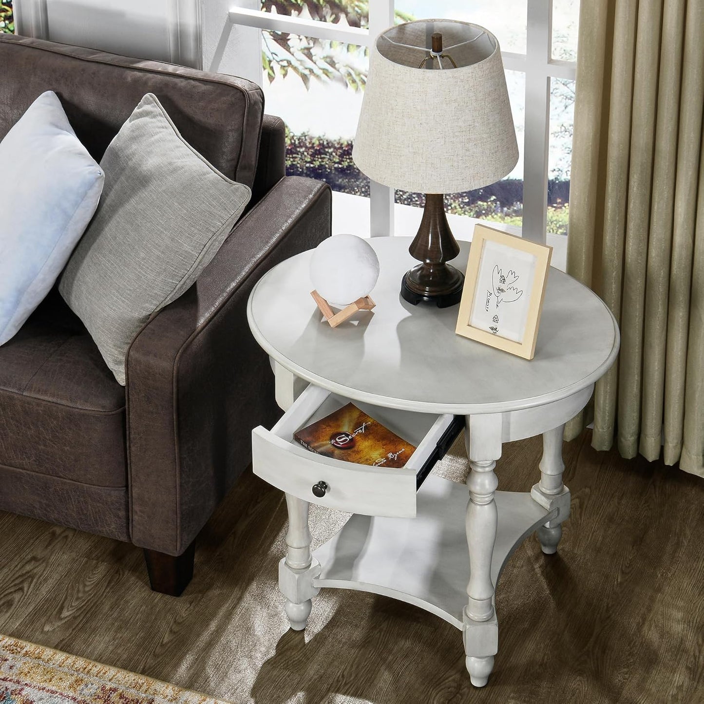 MODERION Oval End Table with Drawer, Solid Wood Sofa Side Storage Shelf, Traditional Living Room Corner Table, Nightstand, Easy Assembly 28INCH x 22INCH 24INCH Antique Walnut CJZ2233RW White