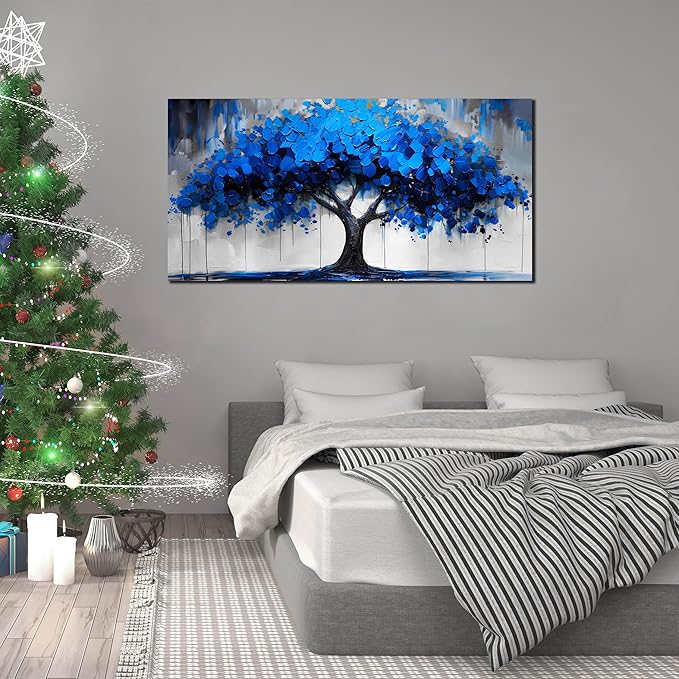 Blue Wall Art Large Tree of Life Wall Art for Living Room Bedroom Office Bathroom Modern Framed Canvas Prints Blue and Grey Picture Size 30x60