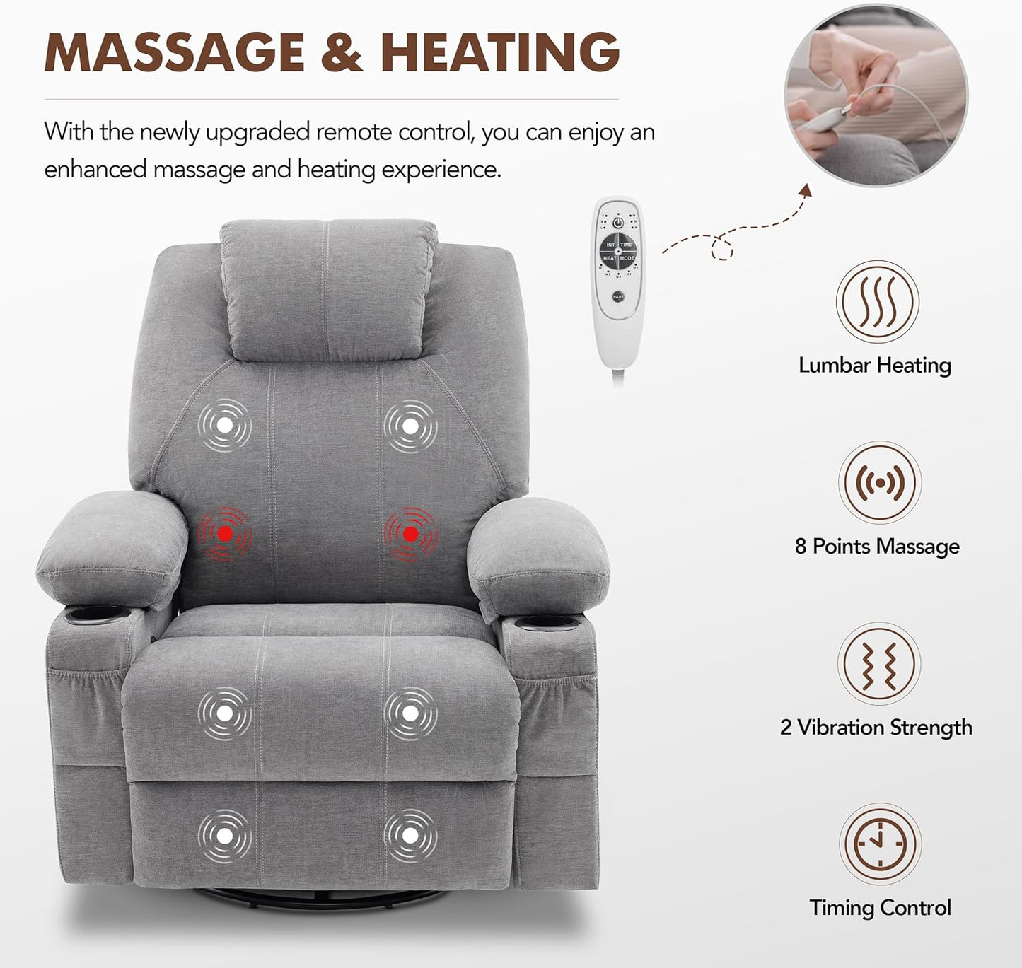 Swivel Rocker Recliner Chair with Heat and Massage, 360 Degree Swivel Recliner Chair with Cup Holders and USB Port, Big Oversized Rocking Single Sofa for Living Room (Fabric, Grey)