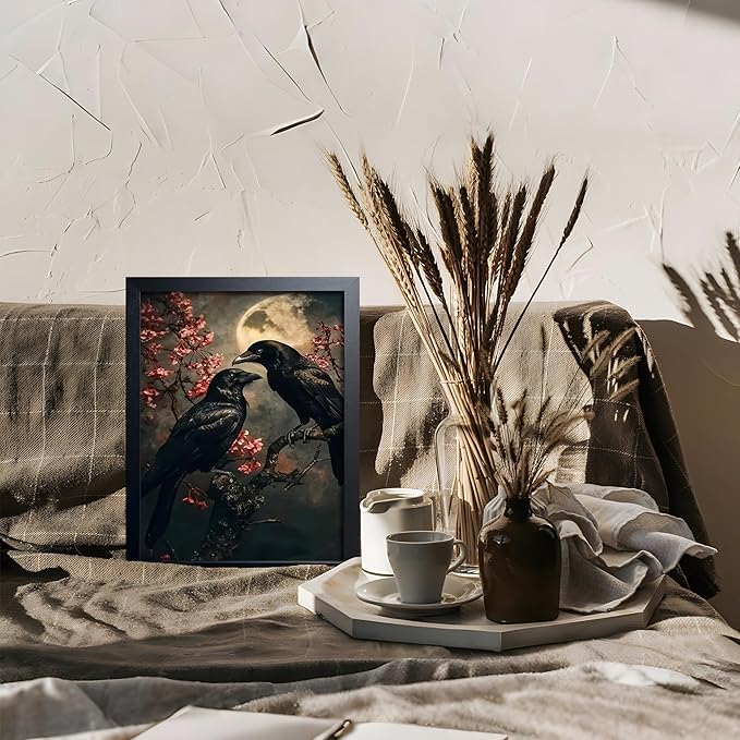 Vintage Framed Wall Art, Forest Gothic Decor, Dark Academia Celestial Moon Canvas Prints, Black Crow Cherry Blossom Painting Wall Decor for Living Room Bedroom – Black Wooden Frame 8x10 Inch