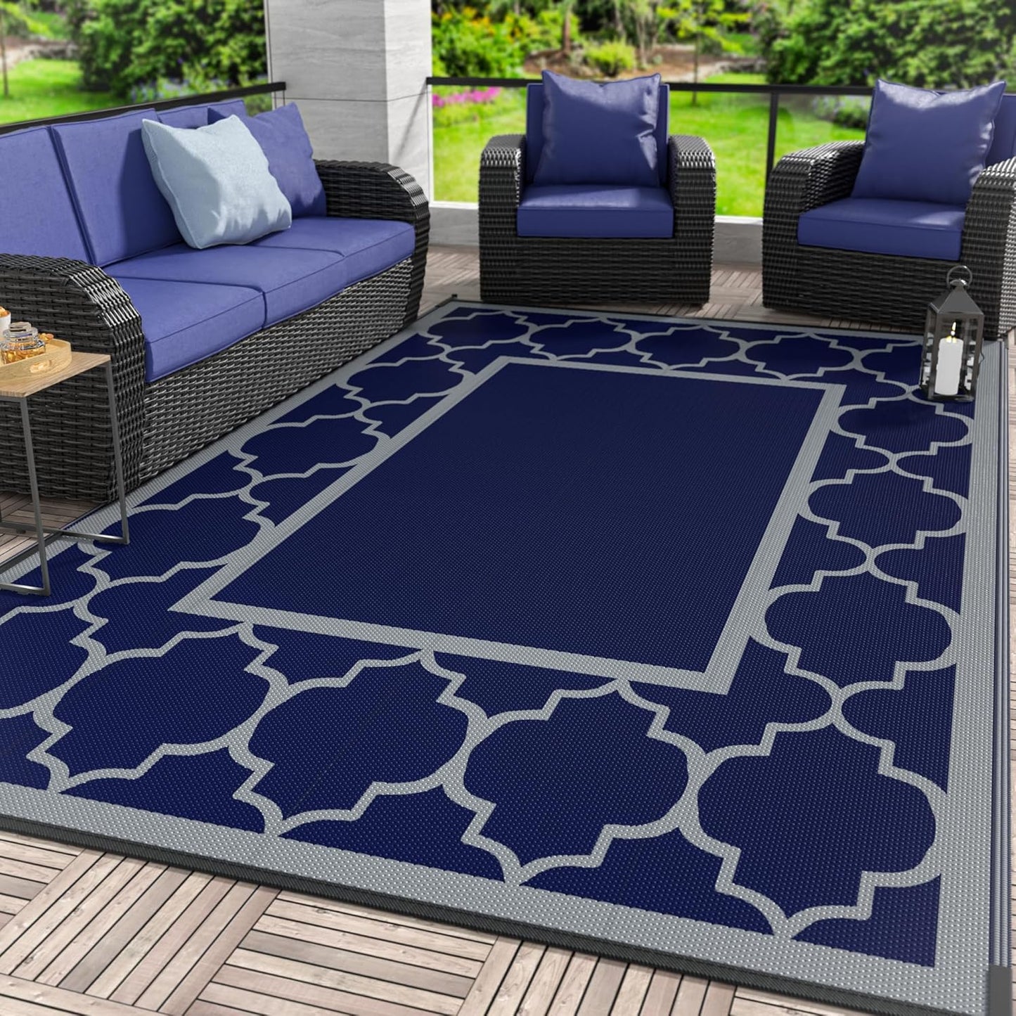 GENIMO Outdoor Rug 9' x 12' Patio Waterproof, Foldable Reversible Plastic Straw Area Rugs Mat for Camper Decor, Outside Carpet for Rv, Deck, Porch, Picnic, Beach, Balcony, Blue & Grey