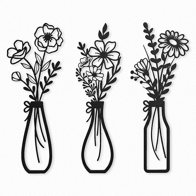 3-Piece Black Modern Metal Flower Wall Decor – Minimalist Vases & Floral Art, Rustic Farmhouse Wall Hanging for Small Space, Bathoom,Kitchen, Bedroom, Hallway, Entryway – Wall Accent Housewarming Gift